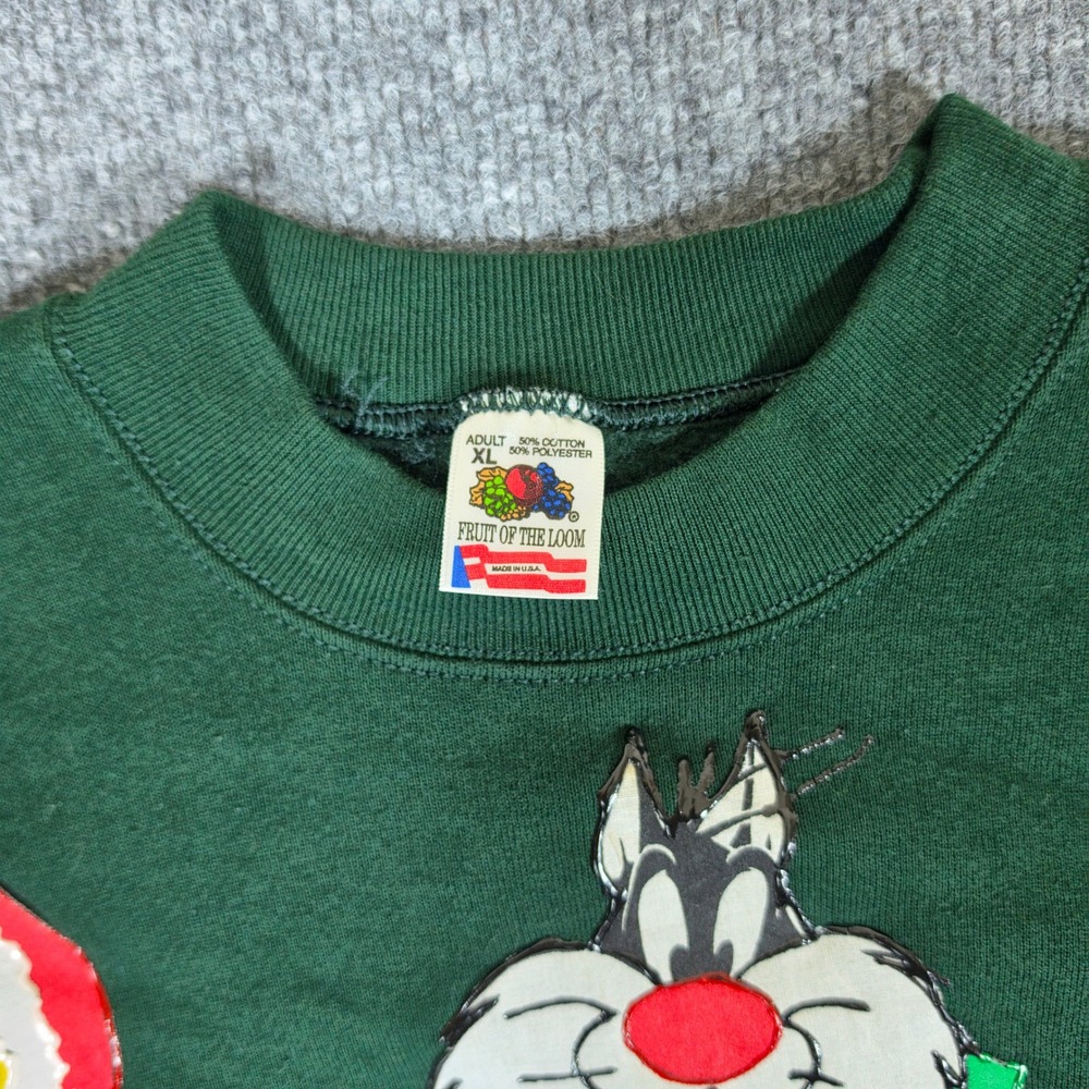 Vintage Looney Tunes Christmas Sweatshirt Sylvester Tweety Green XL USA Made - Picture 3 of 5